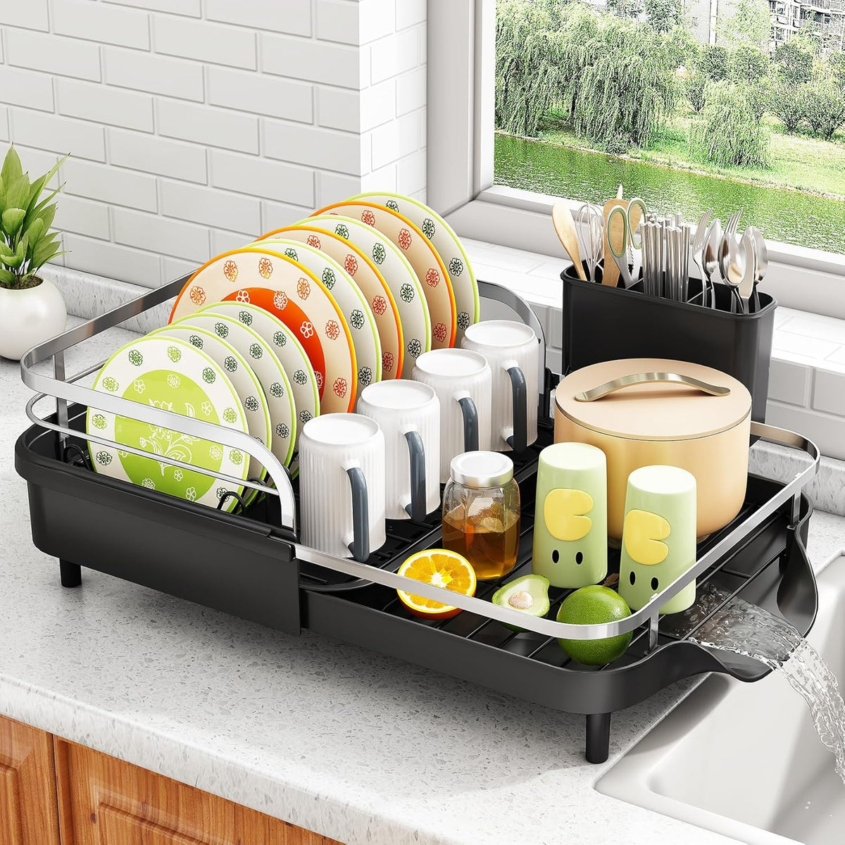 Expandable Dish Drying Rack for Small Kitchen Counter, Black