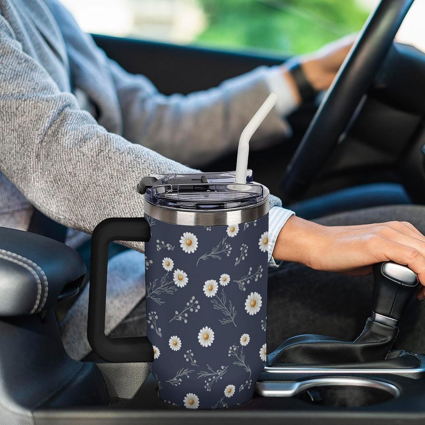 Leakproof Tumbler Vacuum Sealed Car Holder Friendly For Travel Teal And Peach Tropical Palm Leaf Pattern Water Tumbler white-style-23 - Colors F