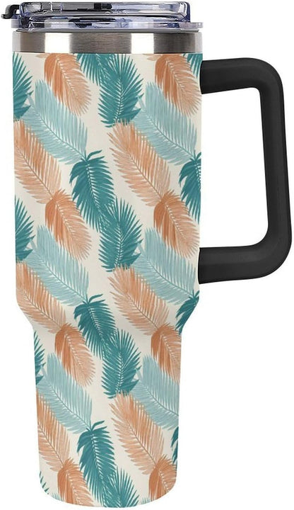 Leakproof Tumbler Vacuum Sealed Car Holder Friendly For Travel Teal And Peach Tropical Palm Leaf Pattern Water Tumbler white-style-23 - Colors F