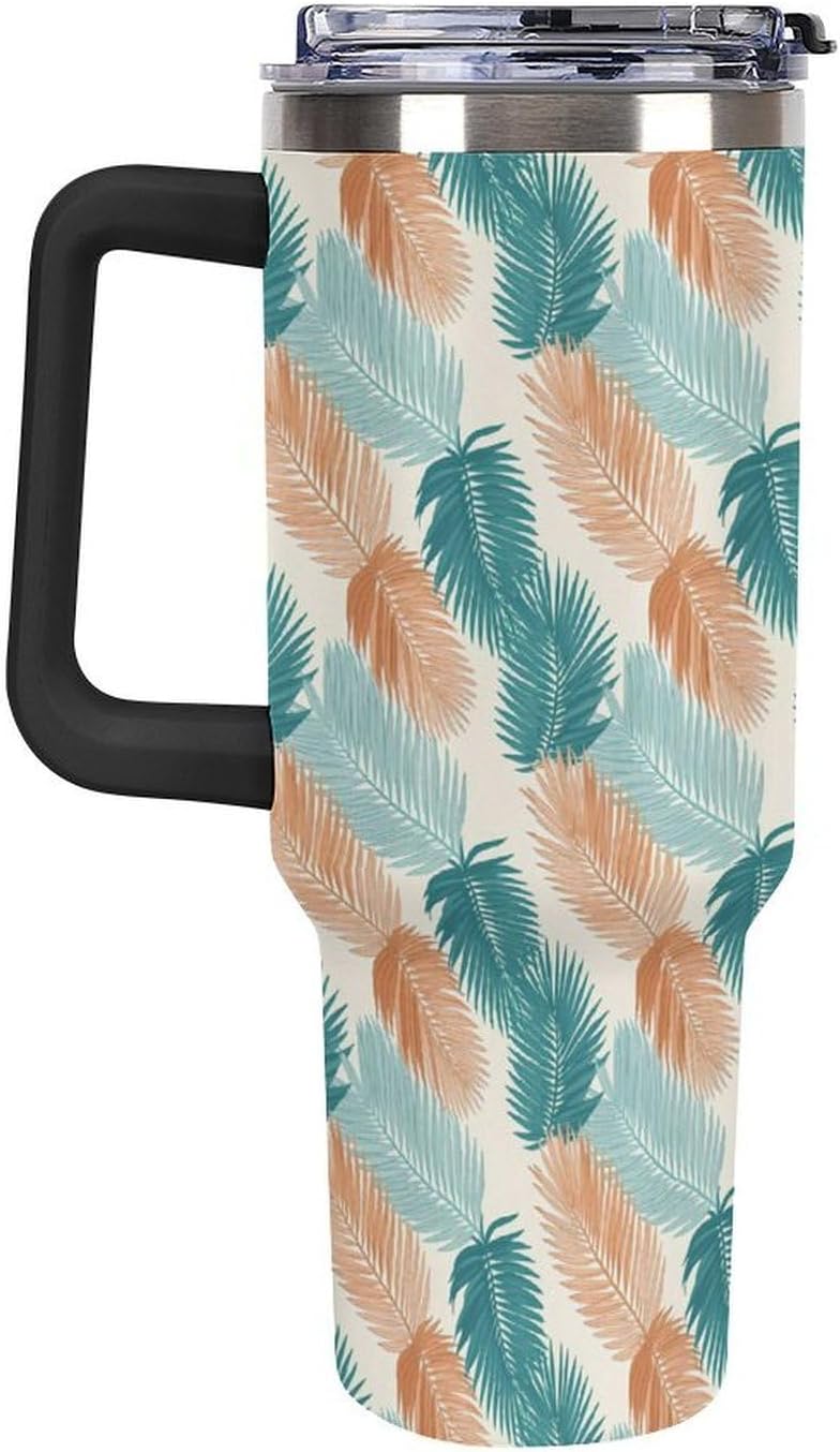 Leakproof Tumbler Vacuum Sealed Car Holder Friendly For Travel Teal And Peach Tropical Palm Leaf Pattern Water Tumbler white-style-23 - Colors F