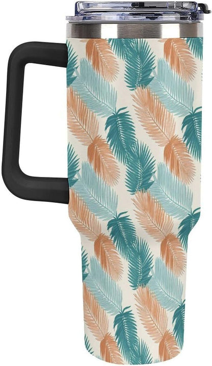 Leakproof Tumbler Vacuum Sealed Car Holder Friendly For Travel Teal And Peach Tropical Palm Leaf Pattern Water Tumbler white-style-23 - Colors F