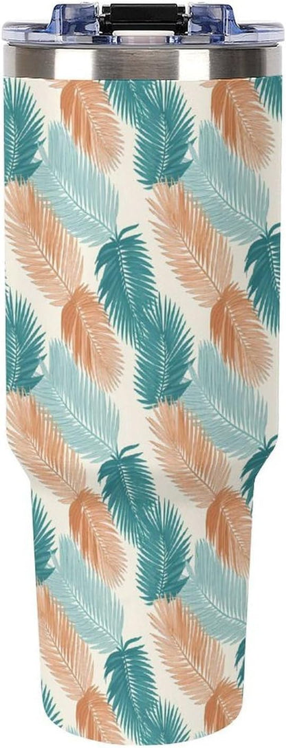 Leakproof Tumbler Vacuum Sealed Car Holder Friendly For Travel Teal And Peach Tropical Palm Leaf Pattern Water Tumbler white-style-23 - Colors F