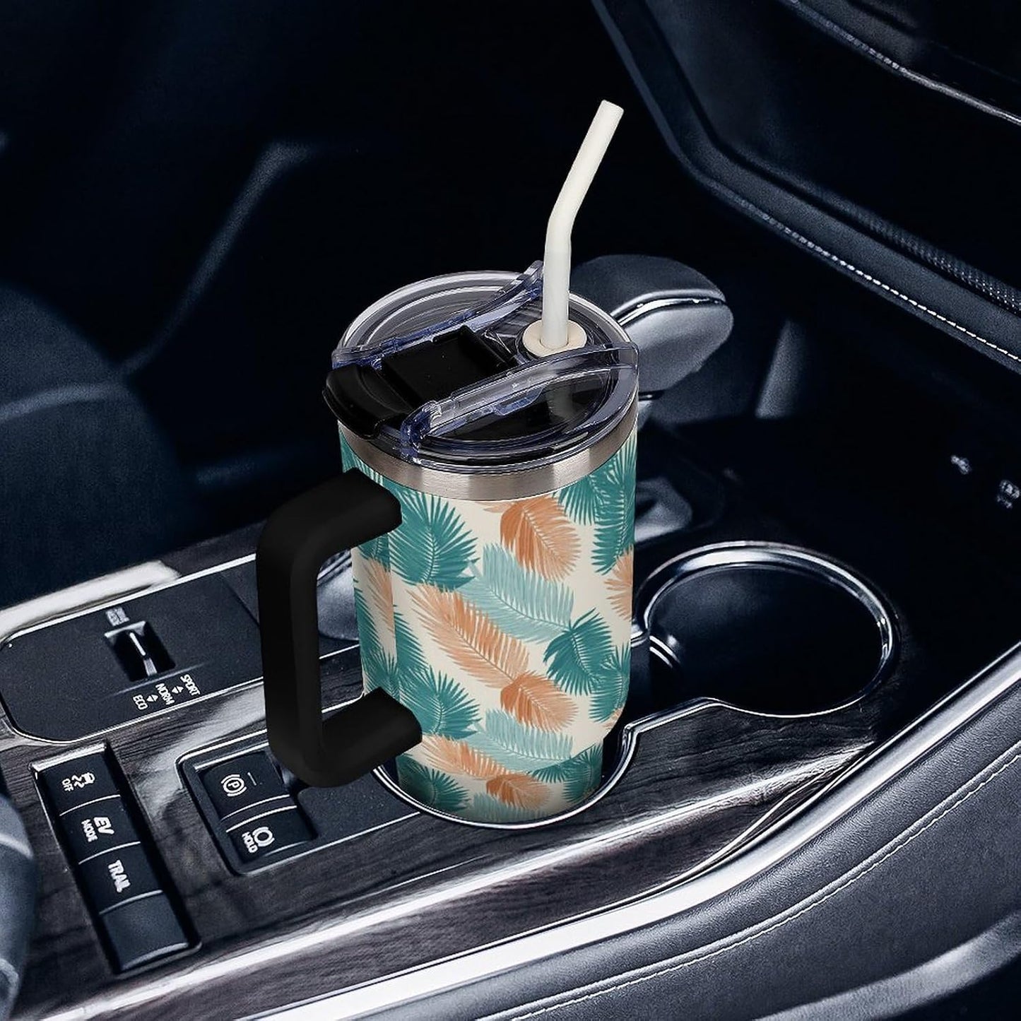 Leakproof Tumbler Vacuum Sealed Car Holder Friendly For Travel Teal And Peach Tropical Palm Leaf Pattern Water Tumbler white-style-23 - Colors F