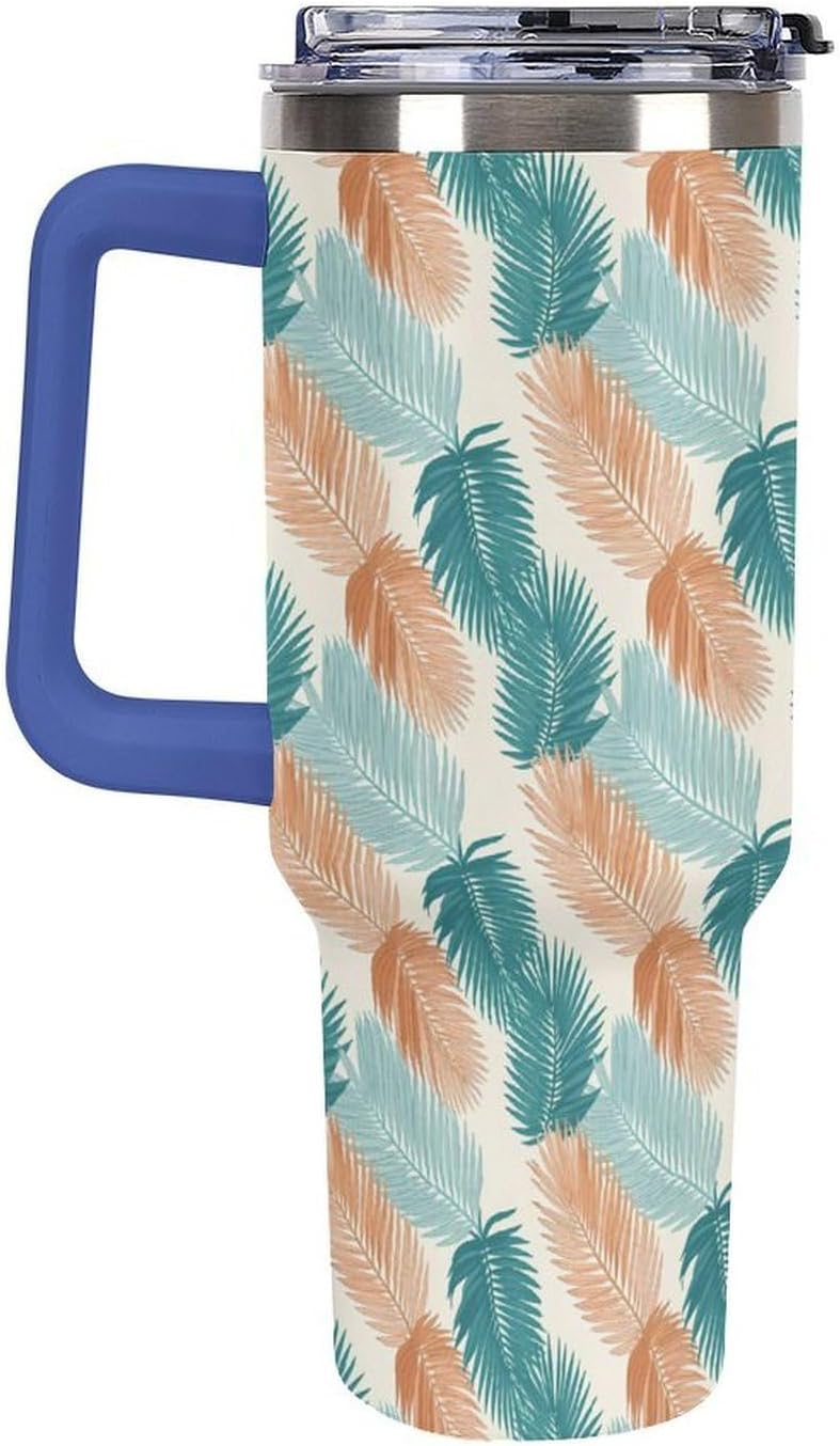 Leakproof Tumbler Vacuum Sealed Car Holder Friendly For Travel Teal And Peach Tropical Palm Leaf Pattern Water Tumbler white-style-23 - Colors F