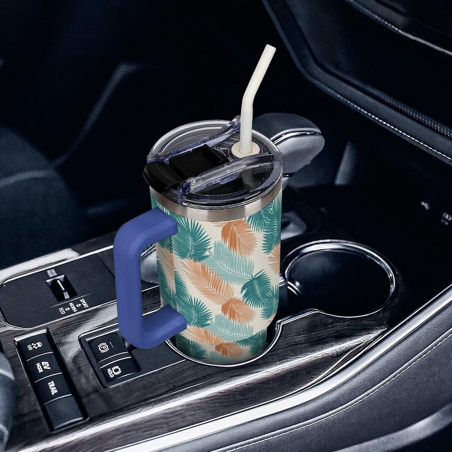 Leakproof Tumbler Vacuum Sealed Car Holder Friendly For Travel Teal And Peach Tropical Palm Leaf Pattern Water Tumbler white-style-23 - Colors F