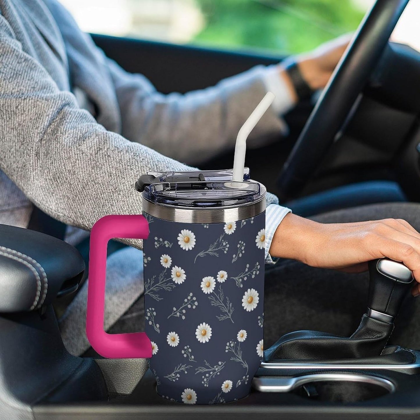 Leakproof Tumbler Vacuum Sealed Car Holder Friendly For Travel Teal And Peach Tropical Palm Leaf Pattern Water Tumbler white-style-23 - Colors F