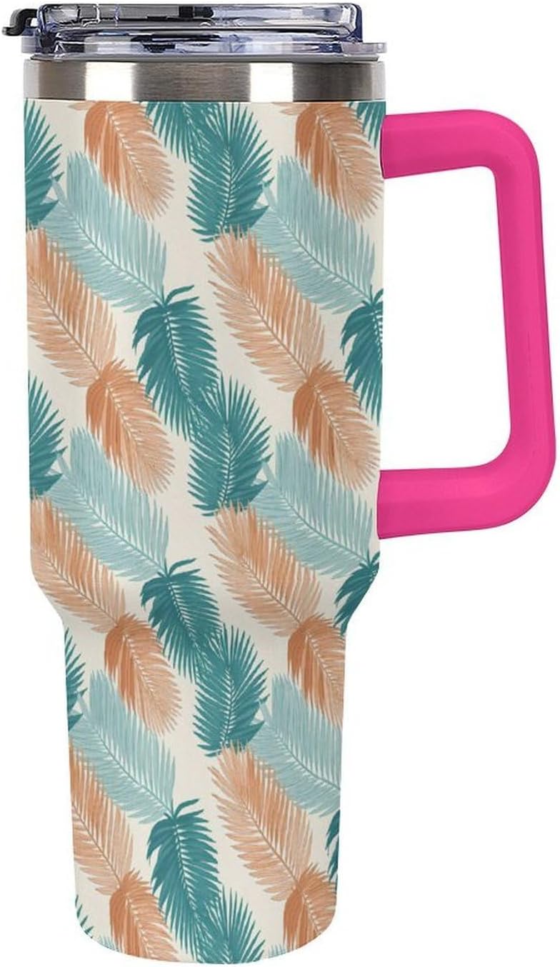 Leakproof Tumbler Vacuum Sealed Car Holder Friendly For Travel Teal And Peach Tropical Palm Leaf Pattern Water Tumbler white-style-23 - Colors F
