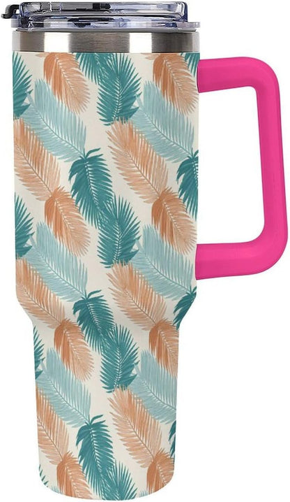 Leakproof Tumbler Vacuum Sealed Car Holder Friendly For Travel Teal And Peach Tropical Palm Leaf Pattern Water Tumbler white-style-23 - Colors F
