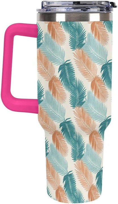 Leakproof Tumbler Vacuum Sealed Car Holder Friendly For Travel Teal And Peach Tropical Palm Leaf Pattern Water Tumbler white-style-23 - Colors F