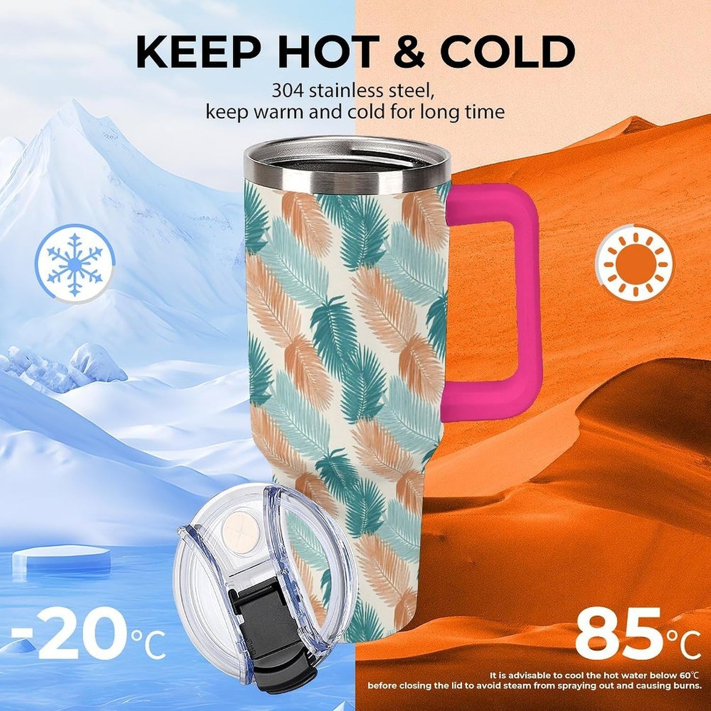 Leakproof Tumbler Vacuum Sealed Car Holder Friendly For Travel Teal And Peach Tropical Palm Leaf Pattern Water Tumbler white-style-23 - Colors F