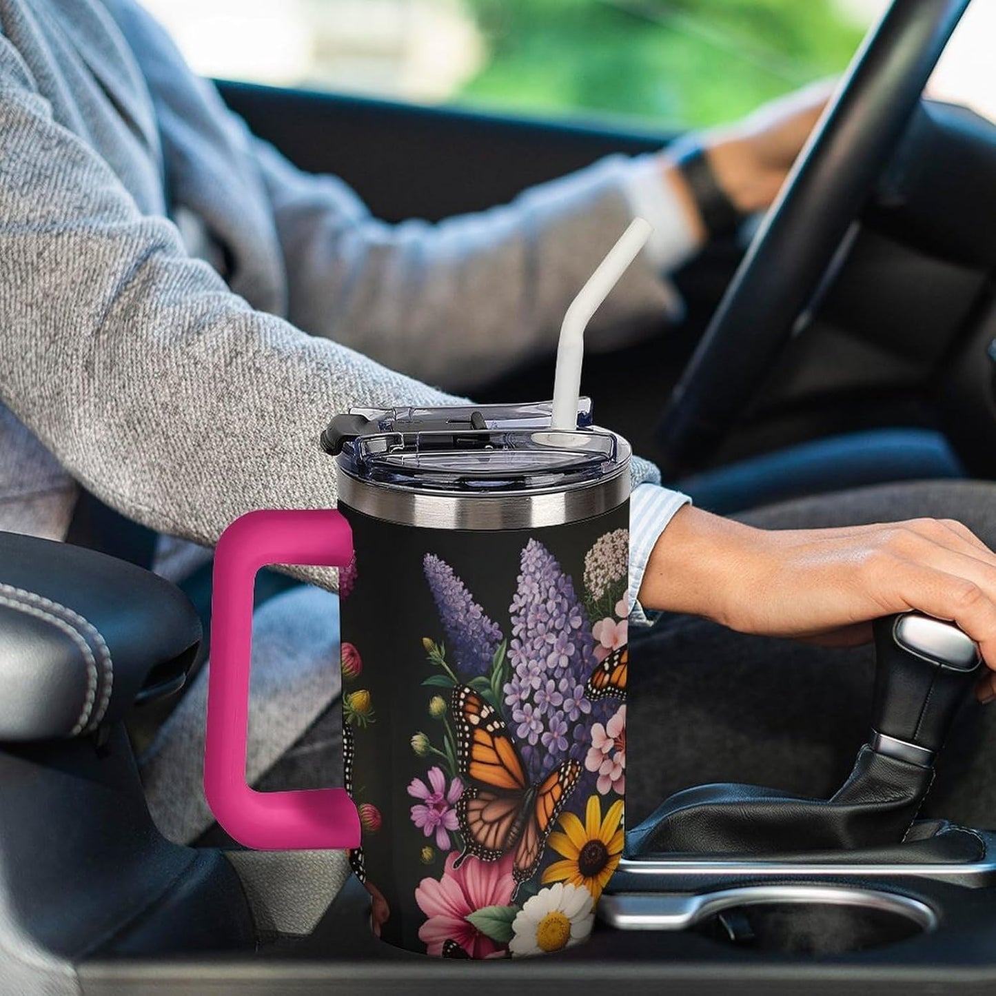 Leakproof Tumbler Vacuum Sealed Car Holder Friendly For Travel Teal And Peach Tropical Palm Leaf Pattern Water Tumbler white-style-23 - Colors F