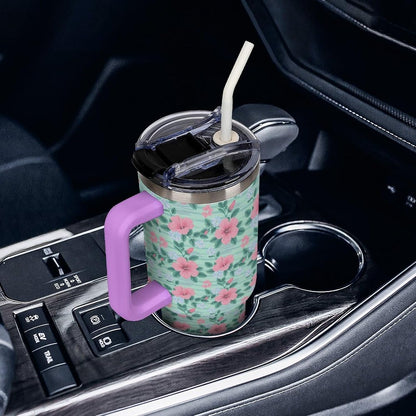 Leakproof Tumbler Vacuum Sealed Car Holder Friendly For Travel Teal And Peach Tropical Palm Leaf Pattern Water Tumbler white-style-23 - Colors F
