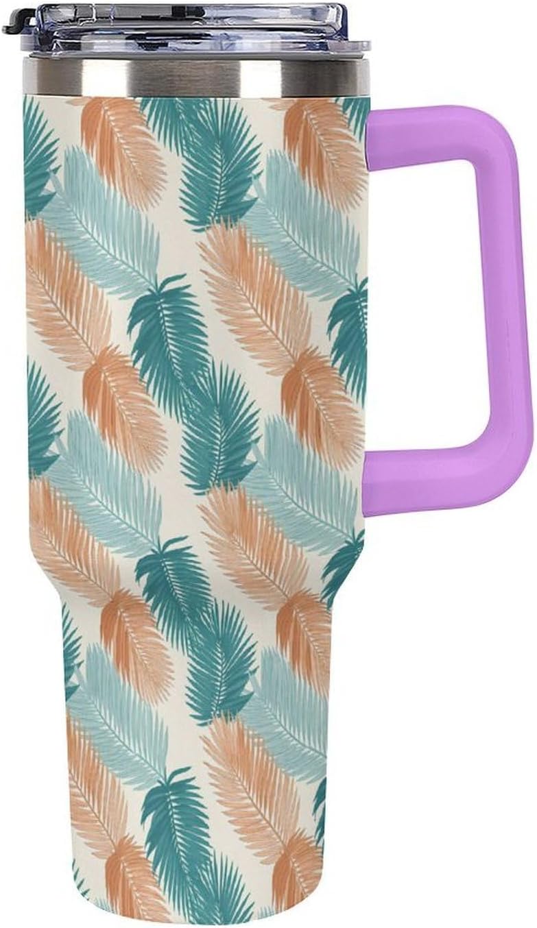 Leakproof Tumbler Vacuum Sealed Car Holder Friendly For Travel Teal And Peach Tropical Palm Leaf Pattern Water Tumbler white-style-23 - Colors F