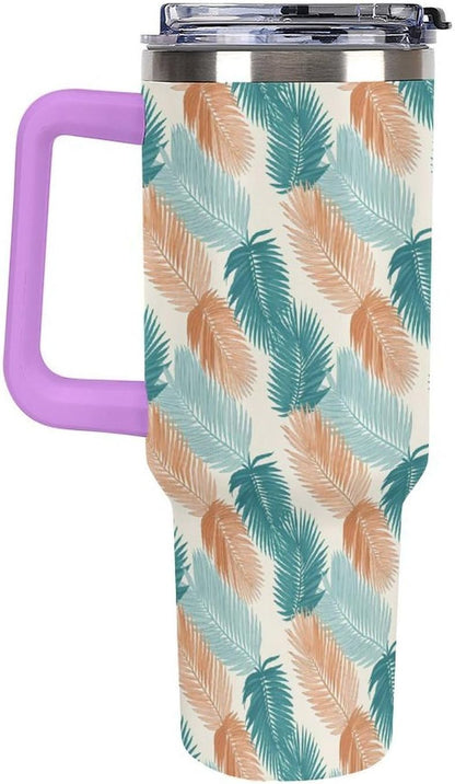 Leakproof Tumbler Vacuum Sealed Car Holder Friendly For Travel Teal And Peach Tropical Palm Leaf Pattern Water Tumbler white-style-23 - Colors F