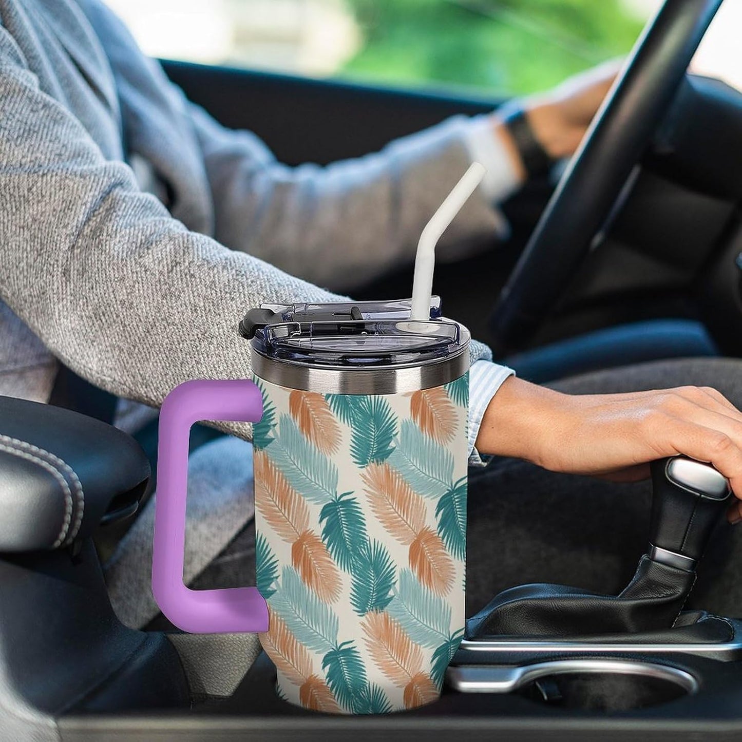 Leakproof Tumbler Vacuum Sealed Car Holder Friendly For Travel Teal And Peach Tropical Palm Leaf Pattern Water Tumbler white-style-23 - Colors F