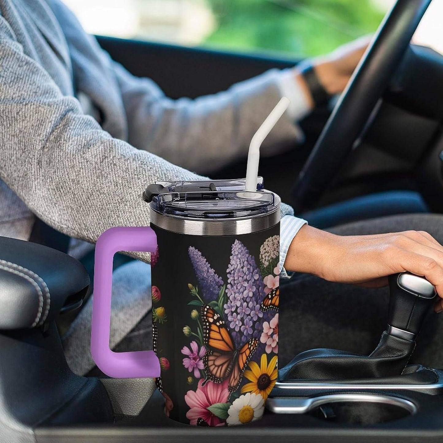 Leakproof Tumbler Vacuum Sealed Car Holder Friendly For Travel Teal And Peach Tropical Palm Leaf Pattern Water Tumbler white-style-23 - Colors F