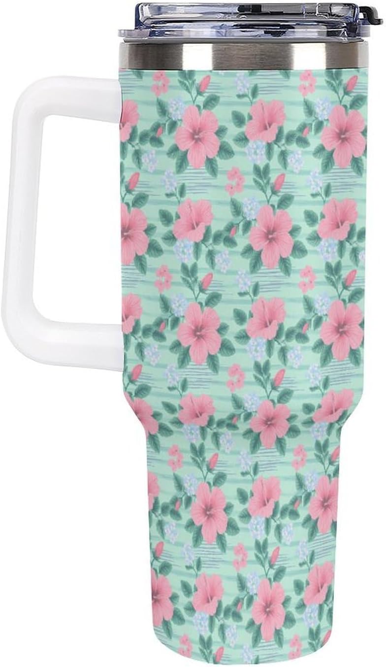 Leakproof Tumbler Vacuum Sealed Car Holder Friendly For Travel Teal And Peach Tropical Palm Leaf Pattern Water Tumbler white-style-23 - Colors F