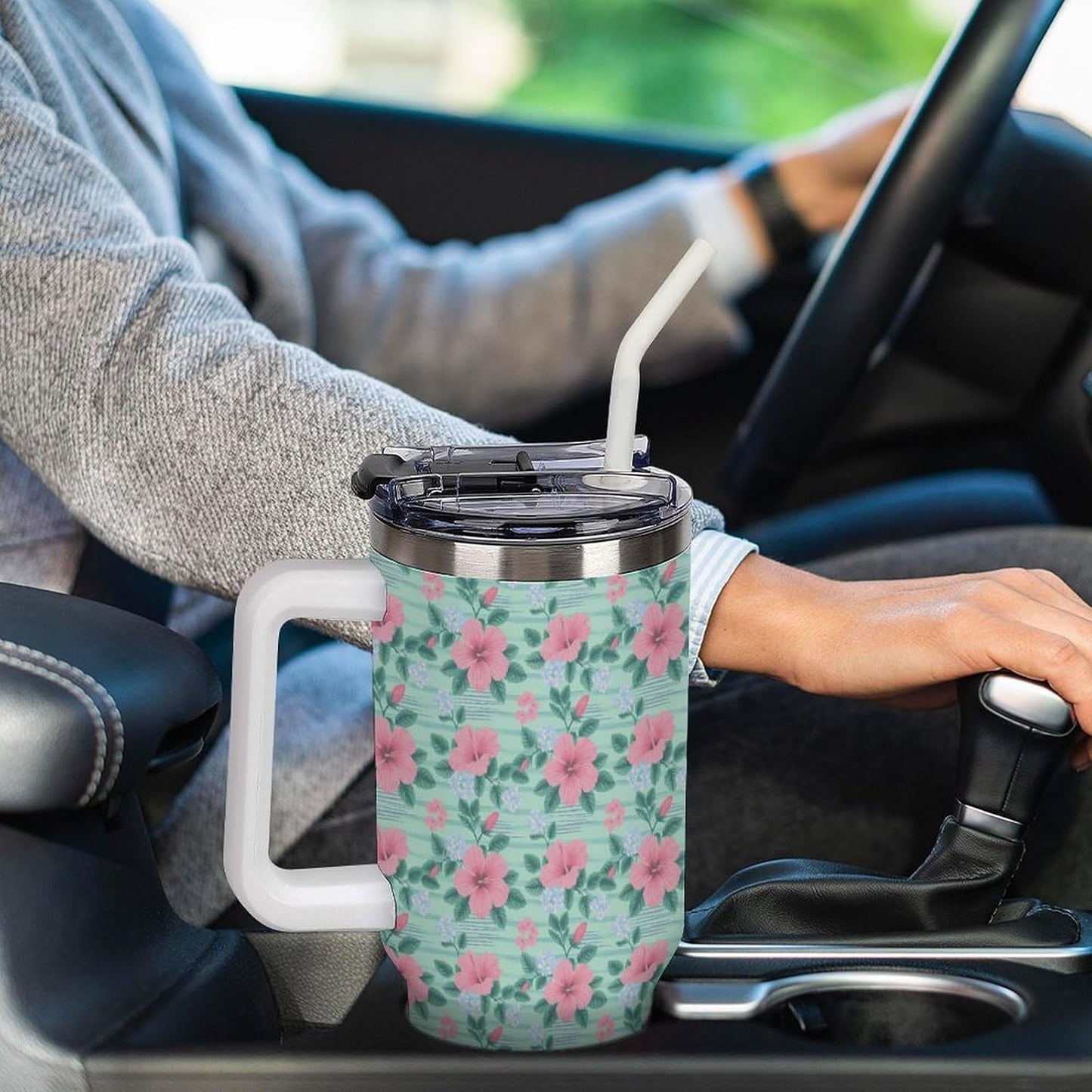 Leakproof Tumbler Vacuum Sealed Car Holder Friendly For Travel Teal And Peach Tropical Palm Leaf Pattern Water Tumbler white-style-23 - Colors F