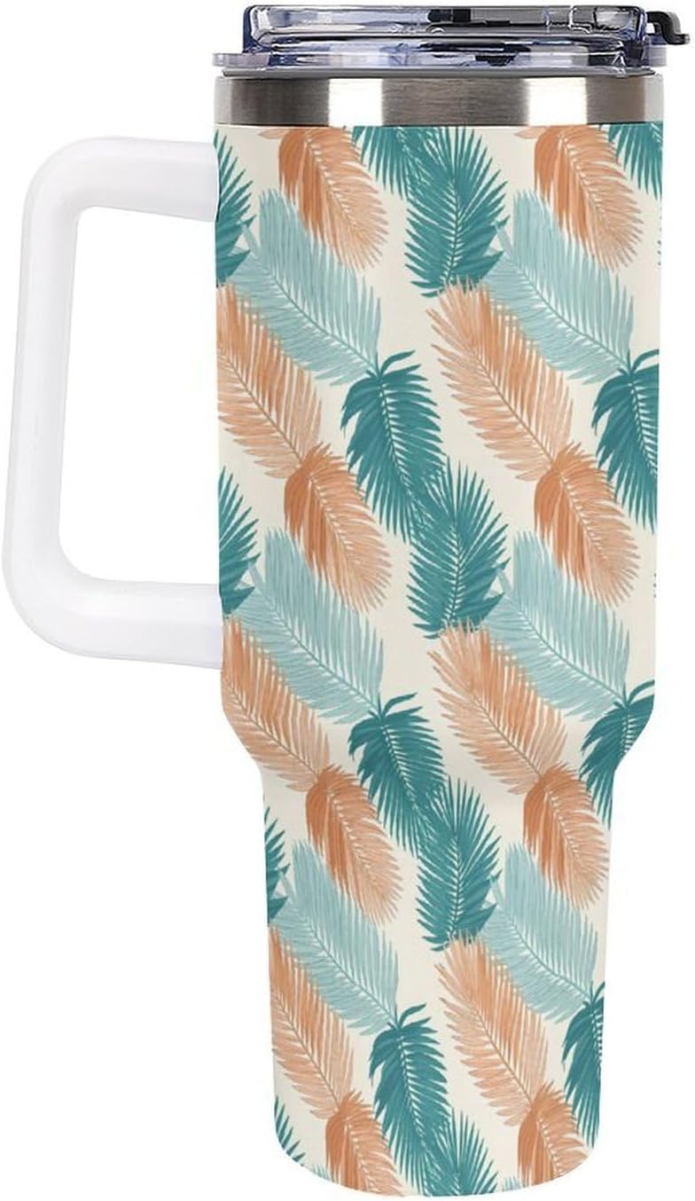 Leakproof Tumbler Vacuum Sealed Car Holder Friendly For Travel Teal And Peach Tropical Palm Leaf Pattern Water Tumbler white-style-23 - Colors F