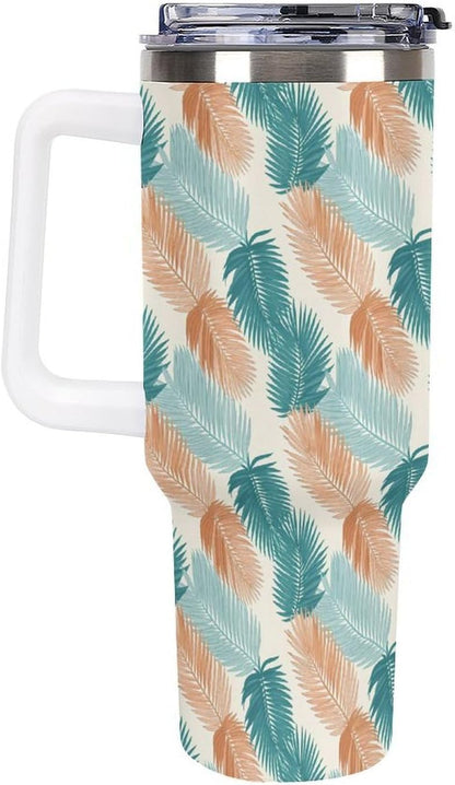 Leakproof Tumbler Vacuum Sealed Car Holder Friendly For Travel Teal And Peach Tropical Palm Leaf Pattern Water Tumbler white-style-23 - Colors F