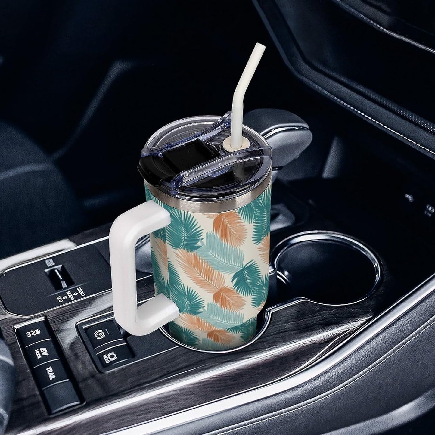 Leakproof Tumbler Vacuum Sealed Car Holder Friendly For Travel Teal And Peach Tropical Palm Leaf Pattern Water Tumbler white-style-23 - Colors F