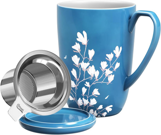 16oz Tea Cup with Infuser and Lid for Loose Leaf, Blue Flower