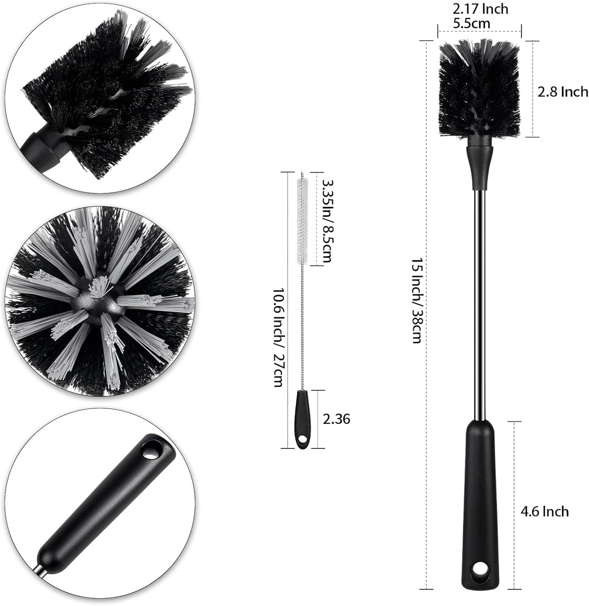Water Bottle Brush, 15 Inches Long Stainless Steel Handle Bottle Brush Cleaner, Bottle Scrubber, Kitchen Scrub Cleaning Brushes for Cup, Wine Glasses, Coffee Mugs, Tumblers, Wine Decanters, Black