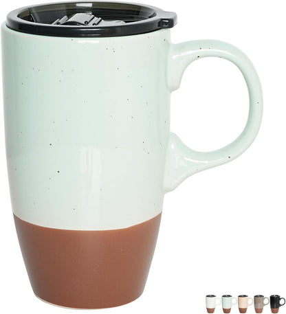Ceramic Travel Coffee Mug with Handle and Lid, 18 oz, Portable Coffee Cup for Car Cup Holder, Microwave and Dishwasher Safe (Black)