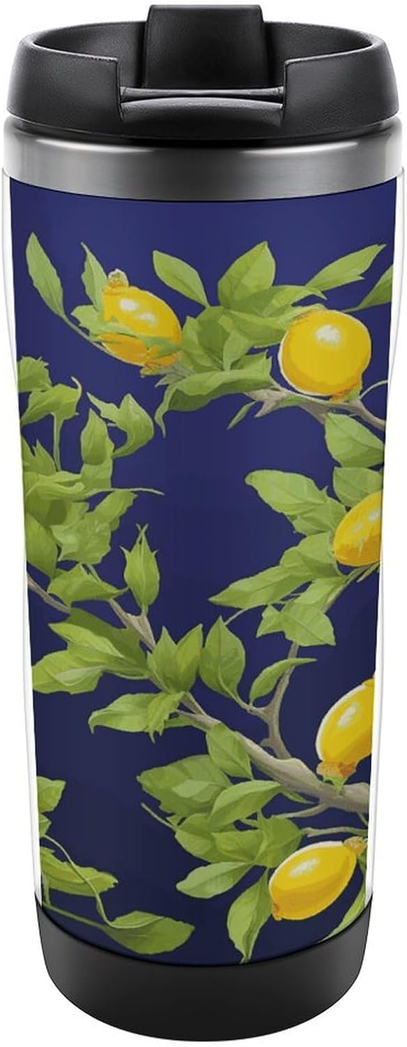 Lemon Tree Travel Mugs Reusable Leak-Proof Car Cup Stainless Steel Inner Liner Tumbler Fashion Double-Layer Insulated Coffee Mug for Camping Office Vehicles