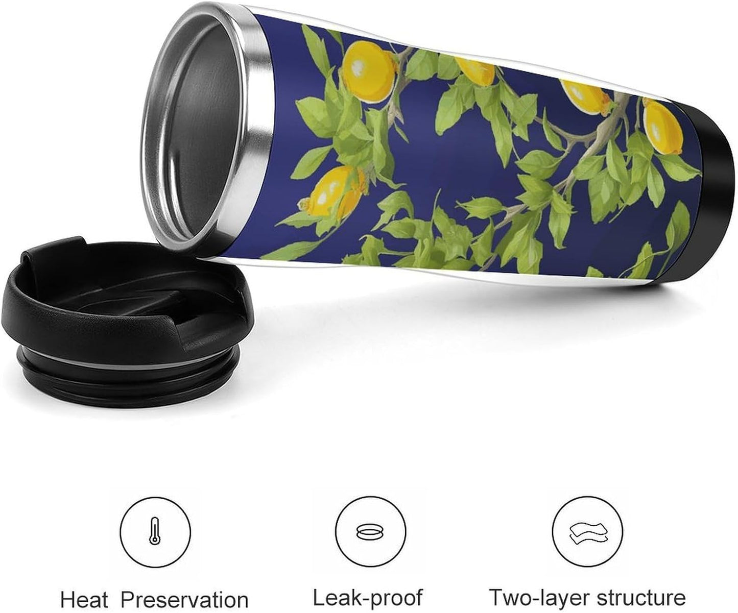 Lemon Tree Travel Mugs Reusable Leak-Proof Car Cup Stainless Steel Inner Liner Tumbler Fashion Double-Layer Insulated Coffee Mug for Camping Office Vehicles