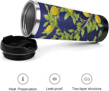 Lemon Tree Travel Mugs Reusable Leak-Proof Car Cup Stainless Steel Inner Liner Tumbler Fashion Double-Layer Insulated Coffee Mug for Camping Office Vehicles
