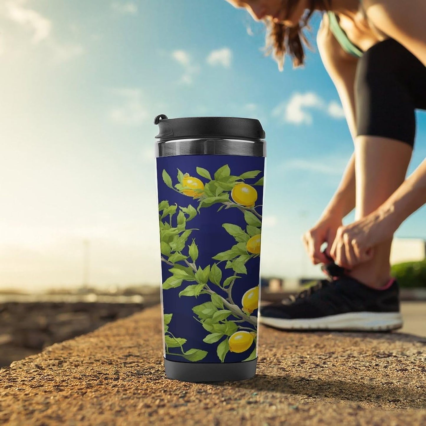 Lemon Tree Travel Mugs Reusable Leak-Proof Car Cup Stainless Steel Inner Liner Tumbler Fashion Double-Layer Insulated Coffee Mug for Camping Office Vehicles