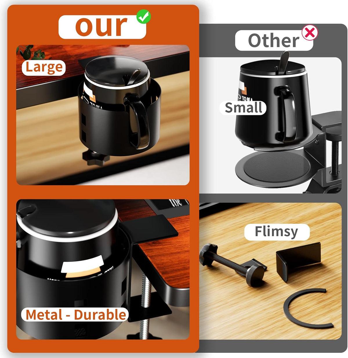 4-in-1 Desk Organizer- Large Desk Cup Holder Clamp with Headphone Stand, Pencil Holder and Phone Stand - Detachable, Rotating Hanger, Office & PC Gaming Accessories for Cup, Phone and Pen