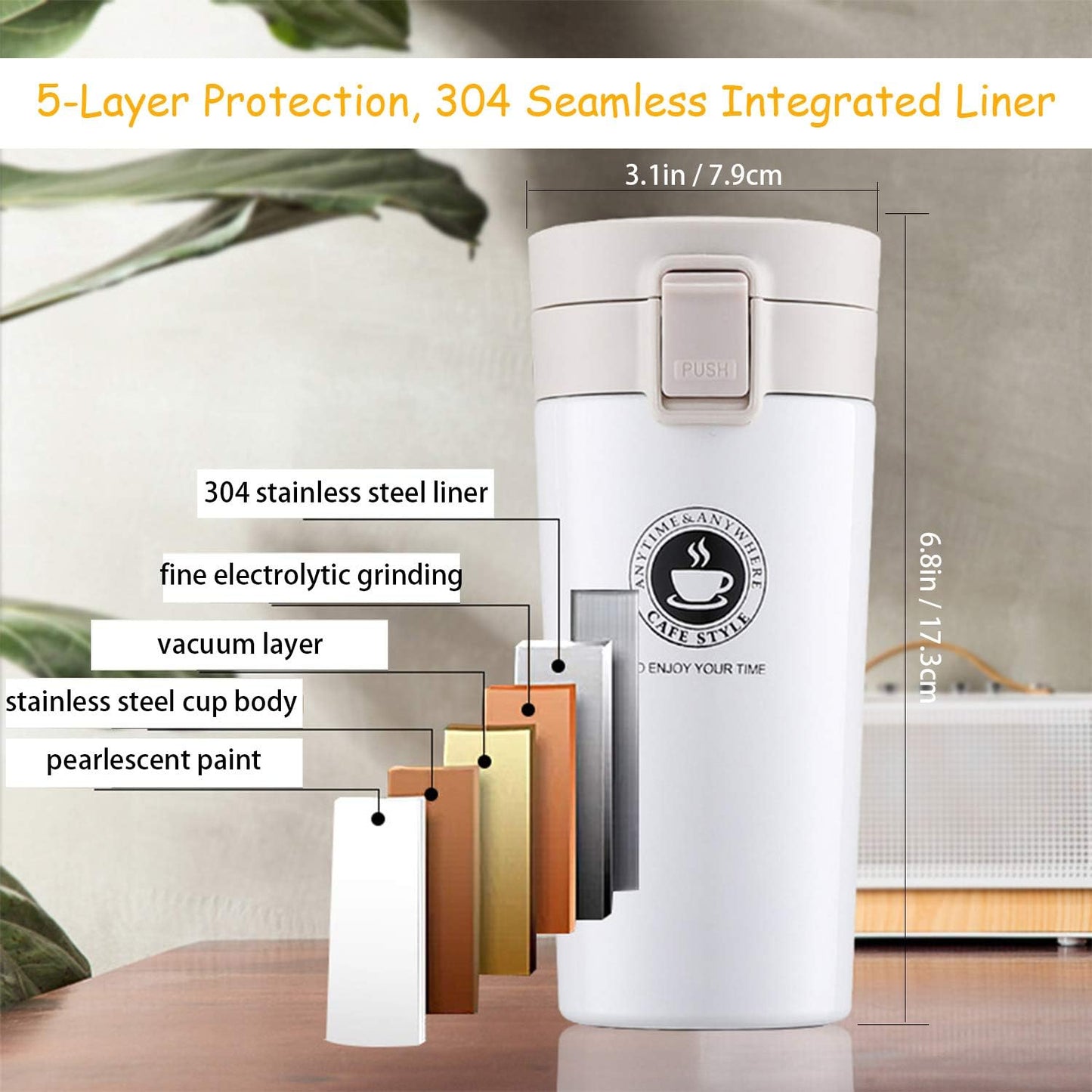 Vacuum-Insulated Travel Coffee Mug, 13 Oz/380Ml, Double-Wall Stainless Steel Spill-Proof Coffee Mug with Bouncing Lid (Brown)