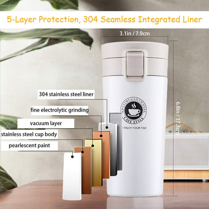 Vacuum-Insulated Travel Coffee Mug, 13 Oz/380Ml, Double-Wall Stainless Steel Spill-Proof Coffee Mug with Bouncing Lid (Brown)