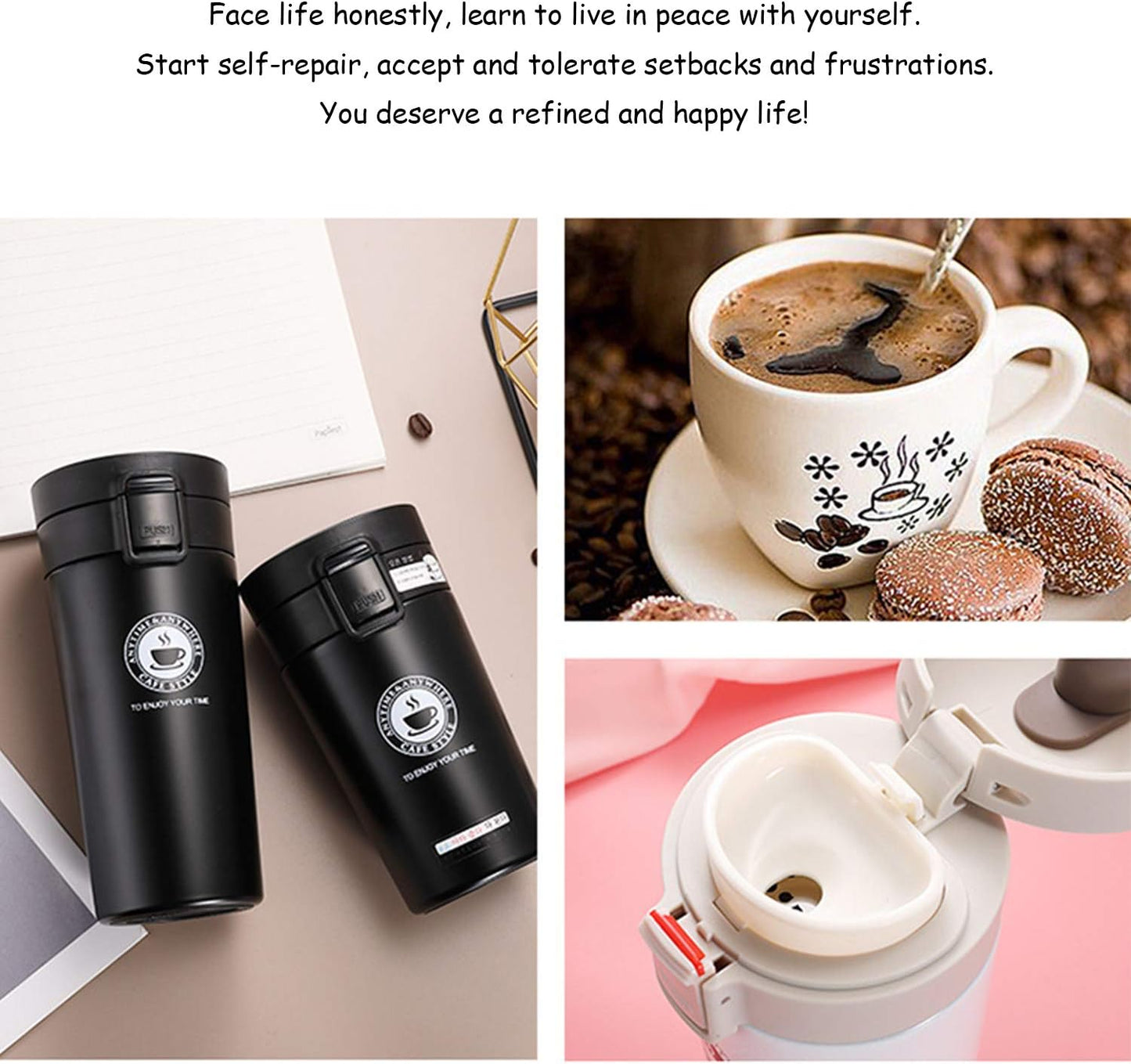 Vacuum-Insulated Travel Coffee Mug, 13 Oz/380Ml, Double-Wall Stainless Steel Spill-Proof Coffee Mug with Bouncing Lid (Brown)