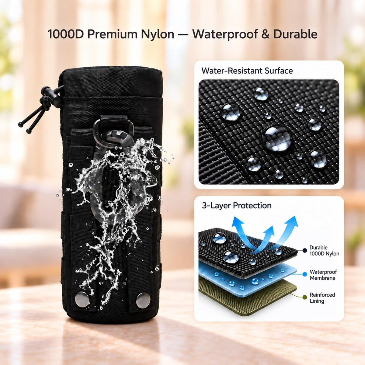 Tactical Water Bottle Pouch, Anti-Swing, MOLLE Belt Loop, 18-25oz
