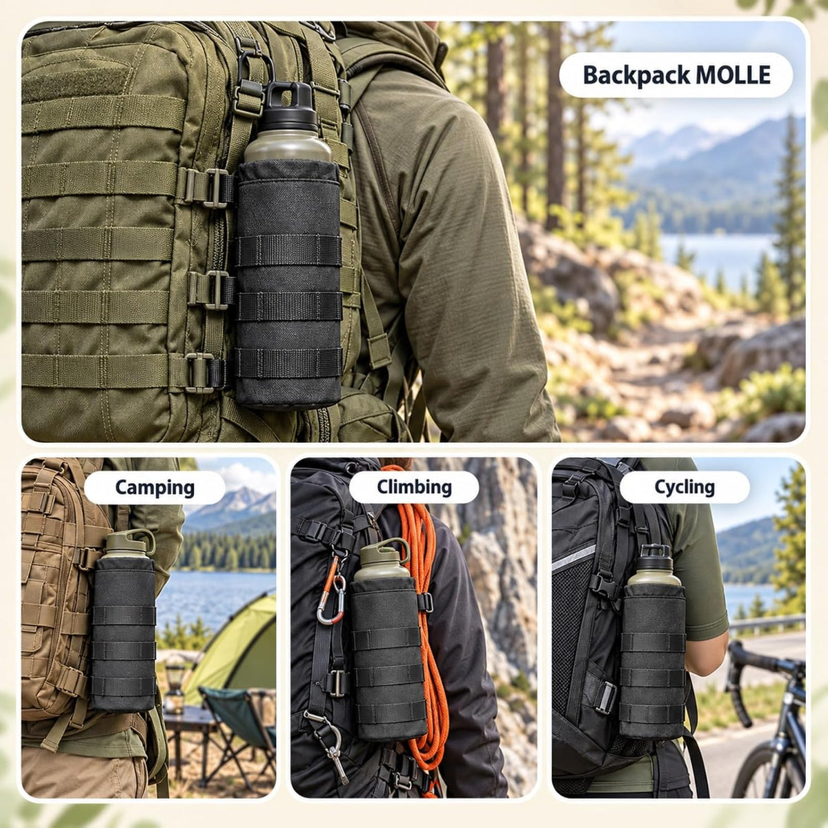 Tactical Water Bottle Pouch, Anti-Swing, MOLLE Belt Loop, 18-25oz