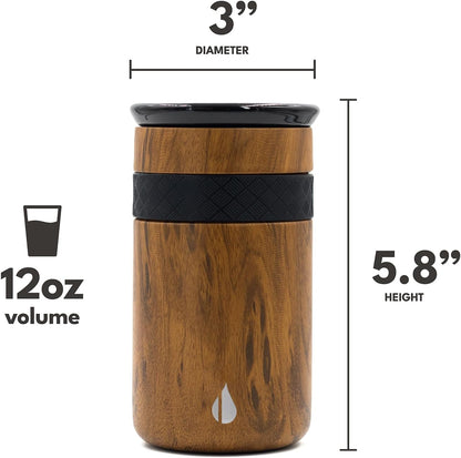 Artisan Insulated Tumbler, Triple Wall Coffee Travel Mug, Reusable Stainless Steel Coffee Tumbler with Ceramic Lid, Thermal Coffee Cups for Hot (6 Hrs) & Cold (18 Hrs), 12oz - Teak Wood