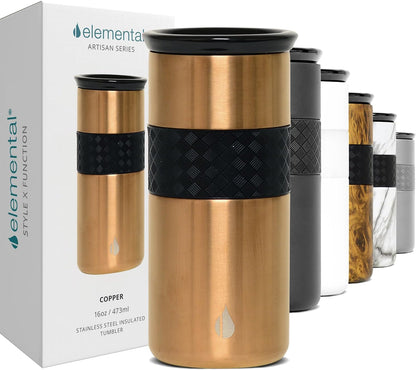 Artisan Insulated Tumbler, Triple Wall Coffee Travel Mug, Reusable Stainless Steel Coffee Tumbler with Ceramic Lid, Thermal Coffee Cups for Hot (6 Hrs) & Cold (18 Hrs), 12oz - Teak Wood