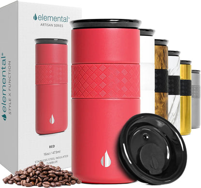 Artisan Insulated Tumbler, Triple Wall Coffee Travel Mug, Reusable Stainless Steel Coffee Tumbler with Ceramic Lid, Thermal Coffee Cups for Hot (6 Hrs) & Cold (18 Hrs), 12oz - Teak Wood