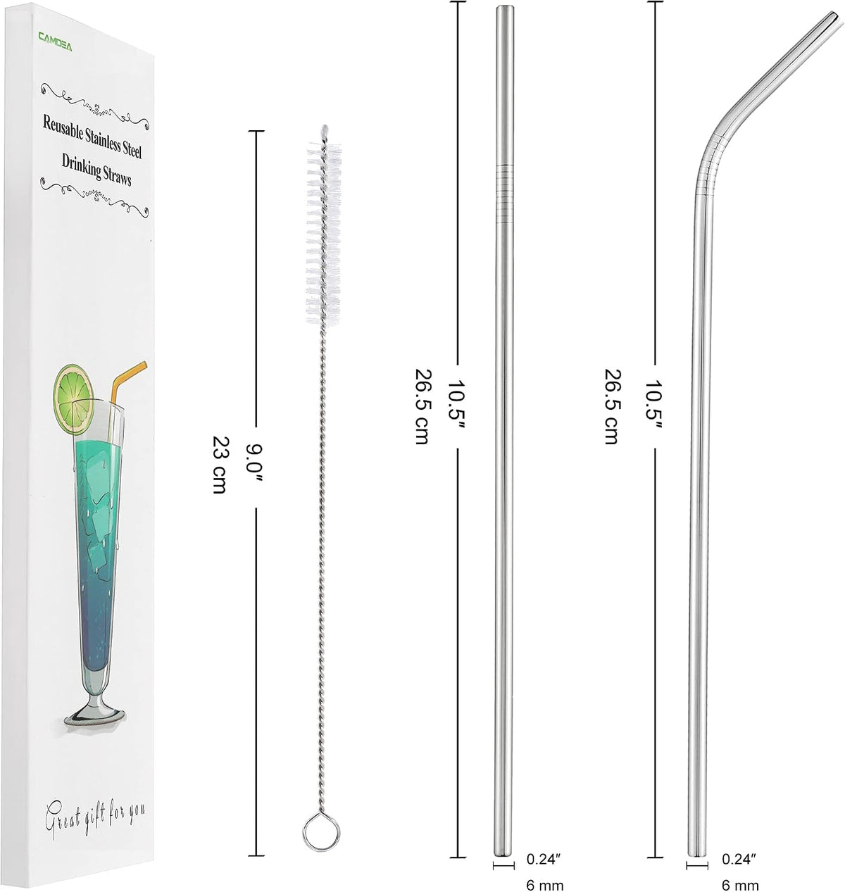Set of 4 Reusable Metal Straws, 10.5'' Long Stainless Steel Straw with Cleaning Brushes and Case, Drinking for 30 oz and 20 oz Tumblers.