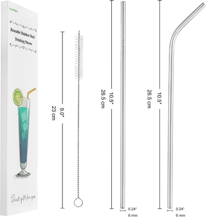 Set of 4 Reusable Metal Straws, 10.5'' Long Stainless Steel Straw with Cleaning Brushes and Case, Drinking for 30 oz and 20 oz Tumblers.