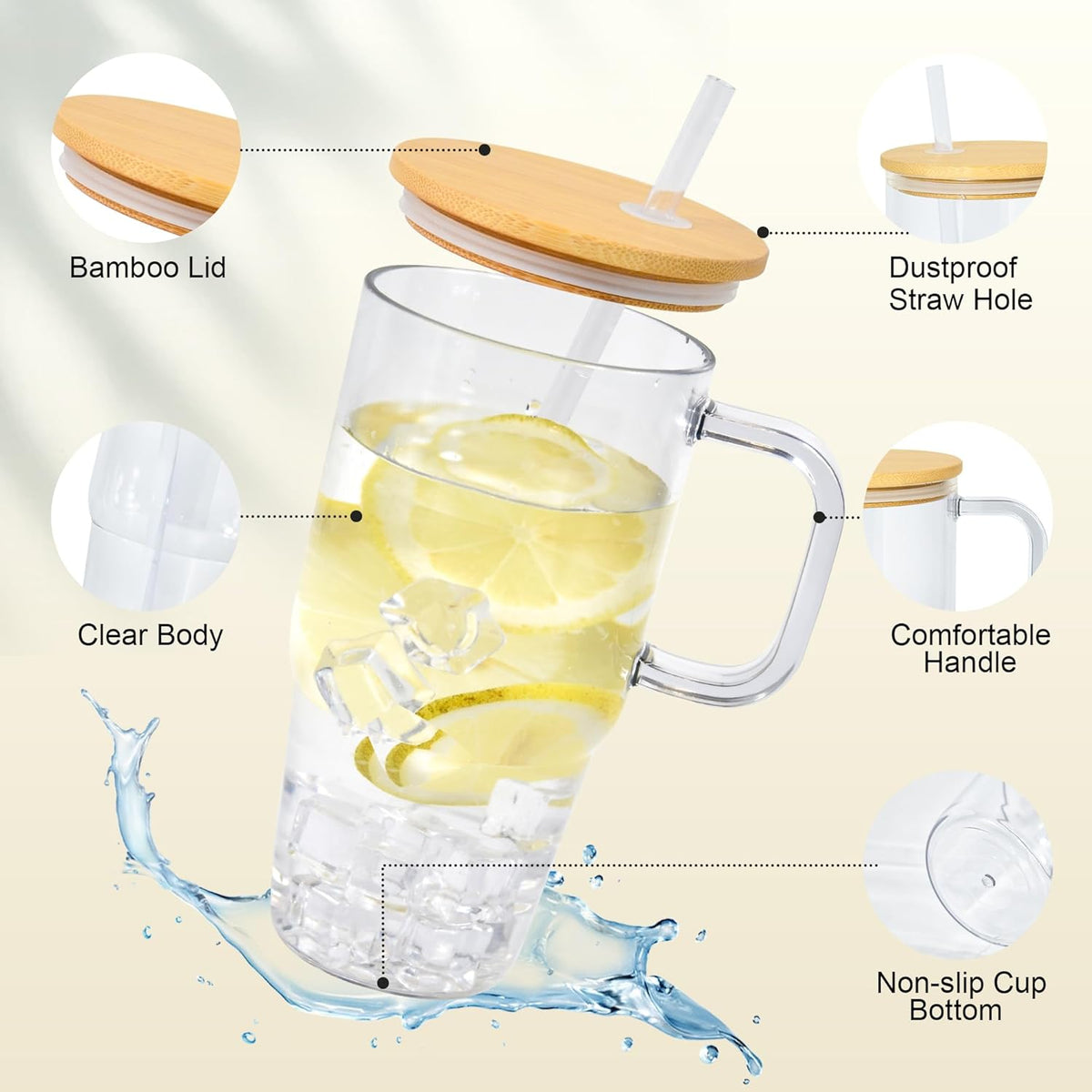 20oz Plastic Tumbler with Handle, Clear Tumblers with Lid and Straw | Iced Coffee Cup with Clear lids for Cold Drinks, Coffee, Soda, Tea, Milk, Juice