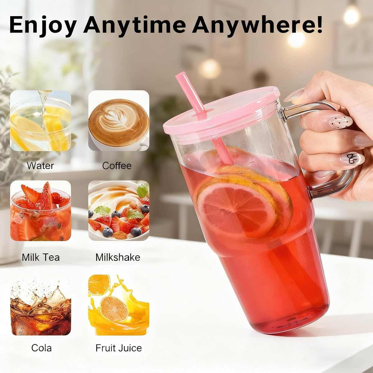 20oz Plastic Tumbler with Handle, Clear Tumblers with Lid and Straw | Iced Coffee Cup with Clear lids for Cold Drinks, Coffee, Soda, Tea, Milk, Juice