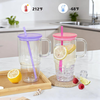20oz Plastic Tumbler with Handle, Clear Tumblers with Lid and Straw | Iced Coffee Cup with Clear lids for Cold Drinks, Coffee, Soda, Tea, Milk, Juice