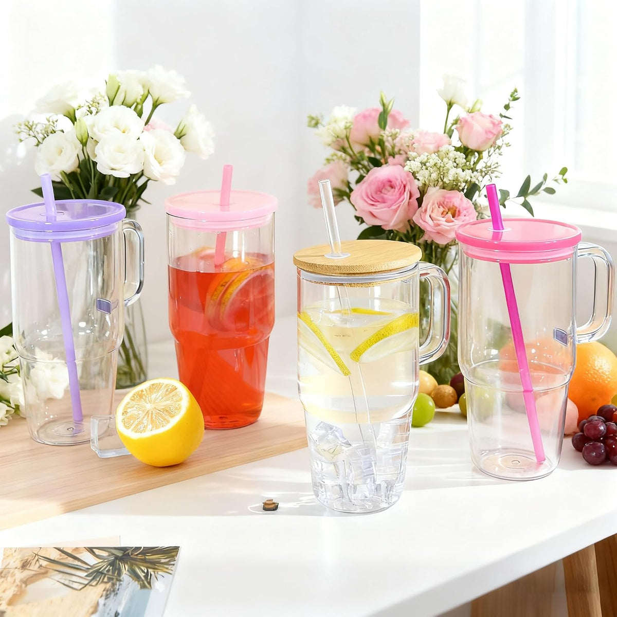 20oz Plastic Tumbler with Handle, Clear Tumblers with Lid and Straw | Iced Coffee Cup with Clear lids for Cold Drinks, Coffee, Soda, Tea, Milk, Juice