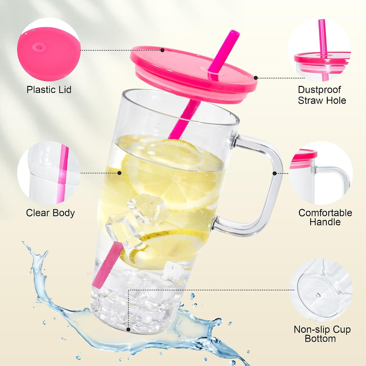 20oz Plastic Tumbler with Handle, Clear Tumblers with Lid and Straw | Iced Coffee Cup with Clear lids for Cold Drinks, Coffee, Soda, Tea, Milk, Juice