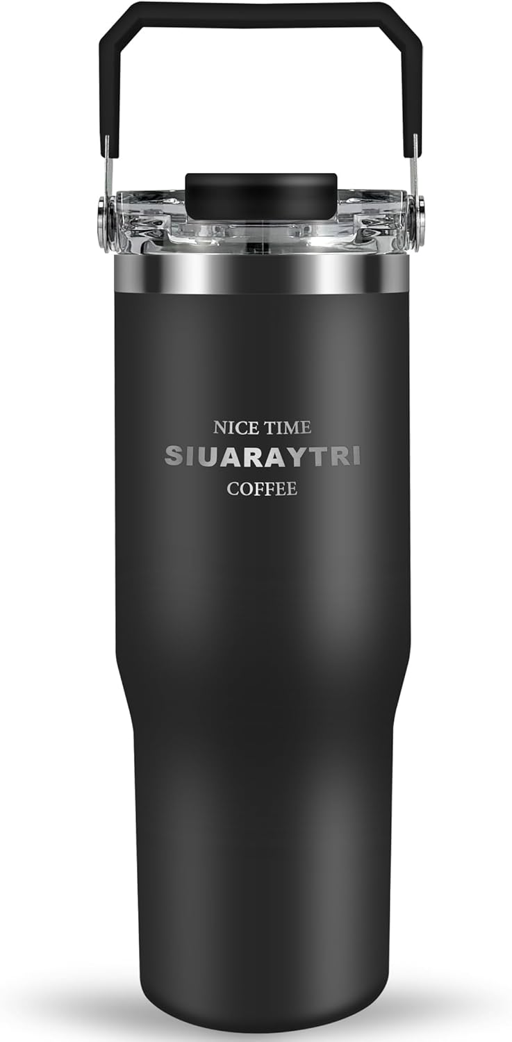 30 oz Insulated Tumbler with Handle and Flip Straw Lid - 100% Leak Proof Stainless Steel Water Bottle - Vacuum Sealed Travel Mug for Iced Coffee & Tea - Cupholder Friendly & BPA Free