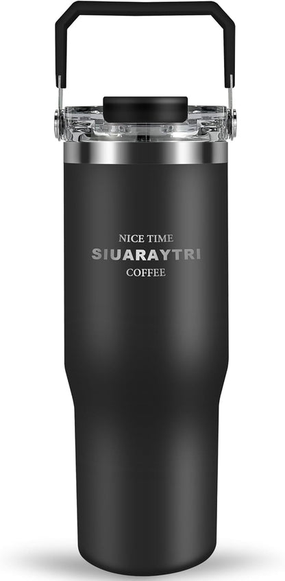 30 oz Insulated Tumbler with Handle and Flip Straw Lid - 100% Leak Proof Stainless Steel Water Bottle - Vacuum Sealed Travel Mug for Iced Coffee & Tea - Cupholder Friendly & BPA Free